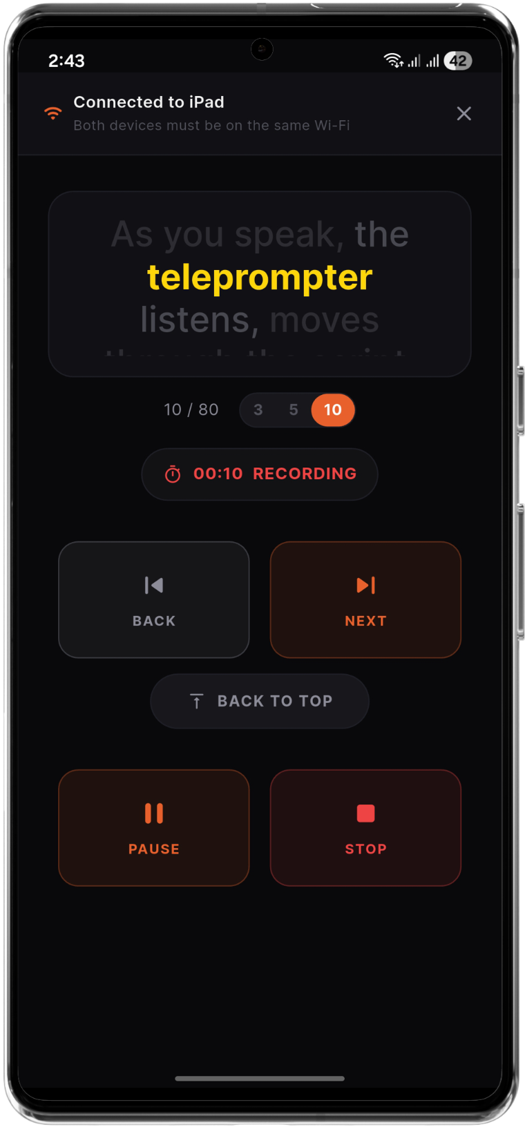 Voice Sync AI remote controller on Android connected to an iPad, with back, next, pause, and stop buttons