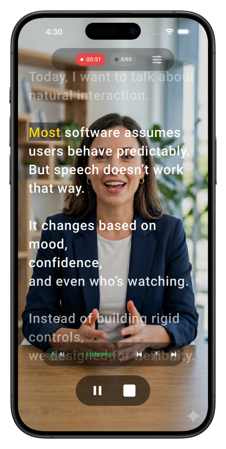Voice Sync AI host device recording with on-camera teleprompter overlay